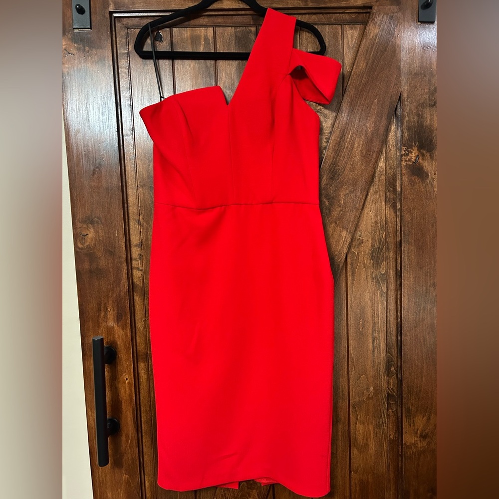 Nicole Bakti Red One Shoulder Midi Dress